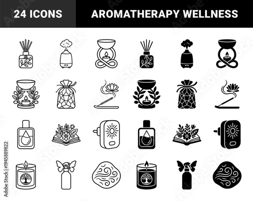 Aromatherapy and Home Fragrance Line Icons featuring Essential Oil Diffusers Incense Burners Scented Candles and Botanical Air Fresheners