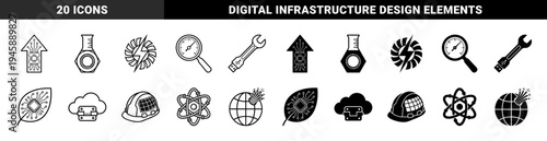 Industrial Engineering and Digital Infrastructure Hybrid Symbols Featuring Circuit Integrated Tools Renewable Energy and Sustainable Technology Concepts