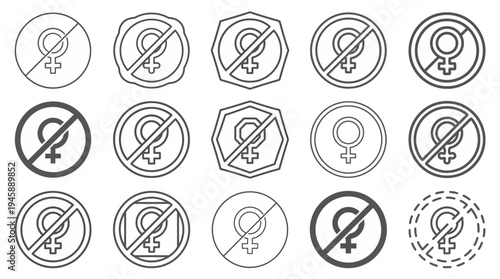 Collection of Female Gender Symbol Prohibition Icons with Circular and Geometric Borders