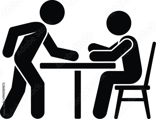 A person approaching another seated at a table for a discussion or meeting