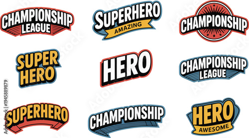Championship League and Superhero Badge Collection with Vintage Style Shield Logos and Colorful Athletic Emblem Designs for Sports and Gaming