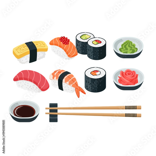 Assorted sushi and maki rolls with soy sauce and chopsticks illustration