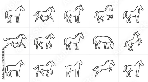 A diverse collection of elegant horse outline icons, showcasing various equine movements and static poses, ideal for design elements and equestrian-themed projects
