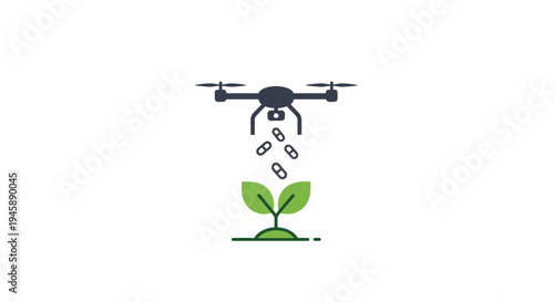 Drone spraying fertilizer on green plant.