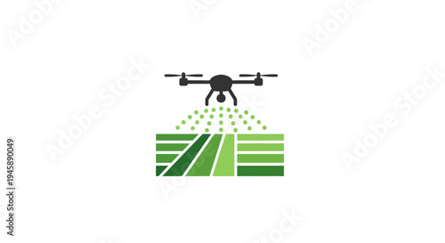 Drone spraying green field farm land.