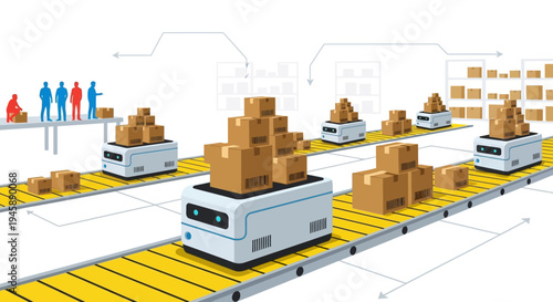 Automated warehouse logistics with robots carrying packages and workers