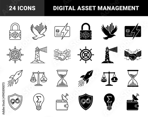 Hybrid financial and digital security icons featuring concepts like blockchain locks, hawk data charts, lightning credit cards, and smart contract rockets.