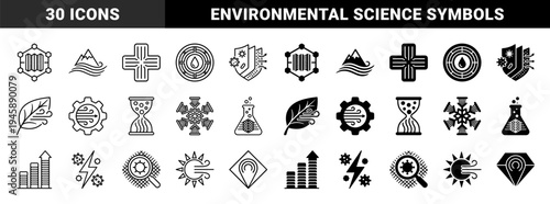 Hybrid technical icons merging industrial filtration and climate control symbols with organic molecular structures and environmental science elements