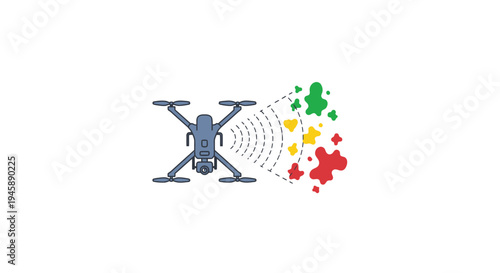 Drone with colorful puzzle pieces flying.