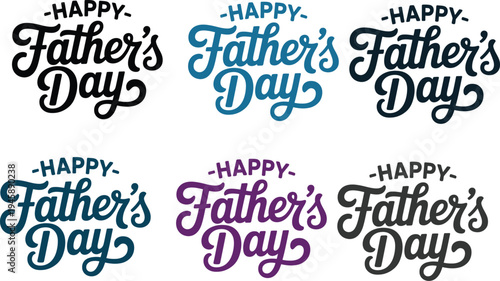 Happy Father's Day Lettering Set with Elegant Cursive Calligraphy and Handwritten Typography in Various Colors for Greeting Cards and Gifts