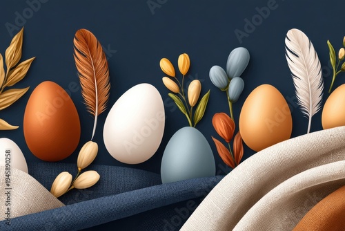 Easter eggs and spring feathers arranged on dark blue fabric with floral accents and soft textures