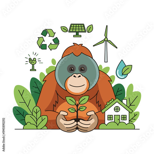 Cartoon orangutan holding plant surrounded by green energy elements isolated