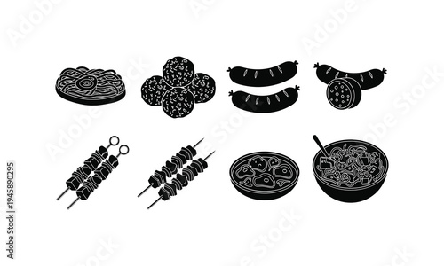 Various traditional food items and cooking skewers depicted in a stylized illustration