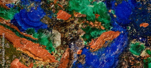 Macro azurite blue botryoidal masses alongside malachite green fibrous aggregates with goethite brown zones from Altai, Russia, via microscope, 5x magnification, 7.2mm field view