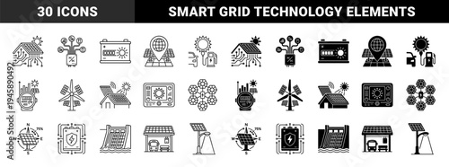 Renewable energy and smart grid integration icons featuring hybrid solar panel wind turbine and electric vehicle charging station designs