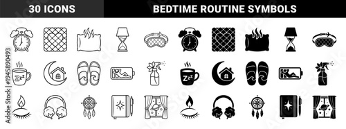 Sleep Wellness and Nocturnal Health Hybrid Icons Featuring Crescent Moon House Hourglass Lamp and Dreamcatcher Symbols in Outline and Glyph Styles