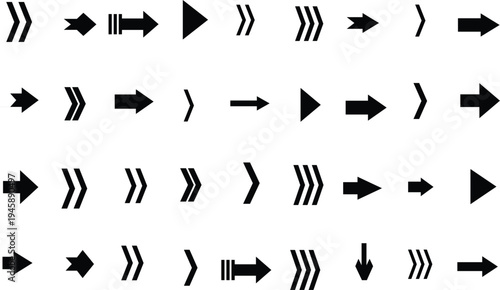 A comprehensive set of black arrow symbols indicating diverse directions and styles on white