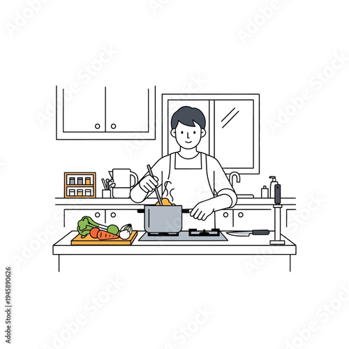 Chef cooking in kitchen preparing meal with fresh ingredients illustration