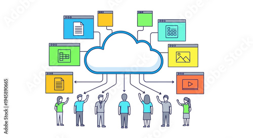 Cloud computing network with data file icons and diverse people