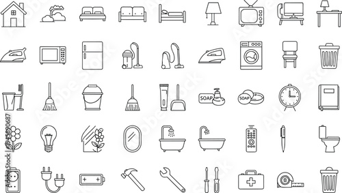 Home appliance and household line icon set, minimal outline vector icons for furniture, cleaning tools, bathroom, kitchen, repair
