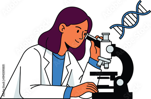 Female scientist wearing a lab coat observes a sample through a microscope with a DNA double helix floating nearby.