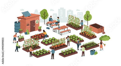 Community garden illustration people cultivating vegetables and solar power