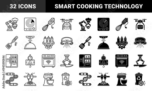 Automated smart kitchen technology and robotic food preparation icons featuring hybrid culinary appliances and digital cooking automation systems