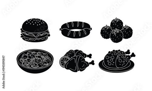 Delicious black and white illustrated food items with unique artistic designs