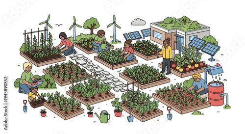 Community garden illustration with people growing plants and sustainable energy