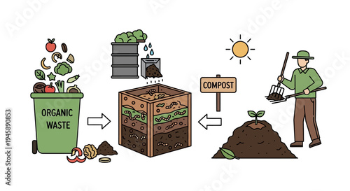 Composting process organic waste recycling and soil enrichment illustration
