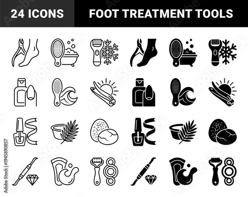 Professional Pedicure and Foot Care Symbols Combining Treatment Tools with Therapeutic Elements like Cooling Ice Crystals and Soothing Botanicals