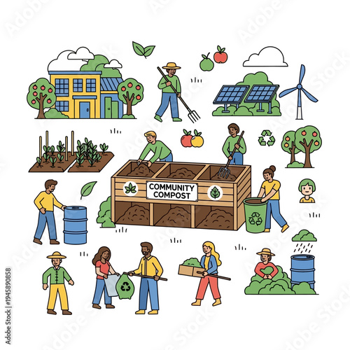 Community gardening and composting illustration showcasing sustainability and teamwork