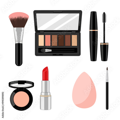 Cosmetics and makeup tools arranged on white background vector illustration