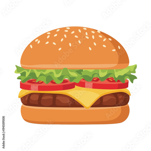 Delicious burger illustration with sesame seed bun and fresh ingredients