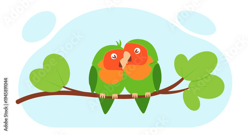 Two lovebirds perched on a tree branch cartoon illustration with copy space