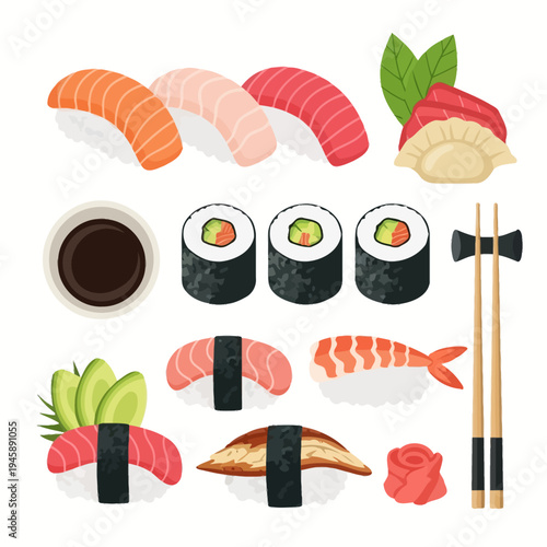 Delicious sushi assortment fresh seafood and maki rolls on white background