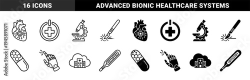 Biotechnology and Digital Health Hybrid Icon Set Featuring Cybernetic Organs Robotic Surgery Smart Medicine and Cloud Medical Infrastructure