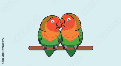 Two lovebirds perched on a branch with a light blue background