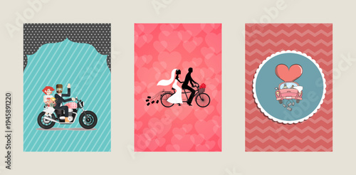 Romantic Wedding Illustration Set with Couple on Bicycle, Motorcycle Ride and Love Car Card Designs.