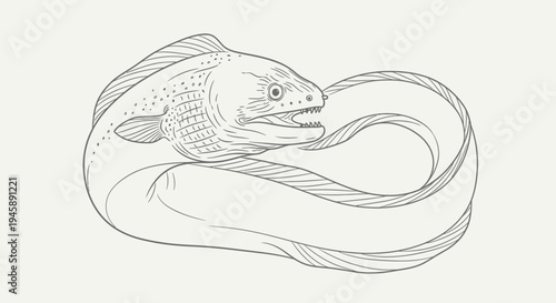 Monochrome illustration of a moray eel against a neutral background
