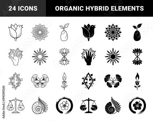Symmetric nature and mysticism hybrid symbols featuring organic fusions like bird flower hand branch and butterfly leaf in outline and solid styles