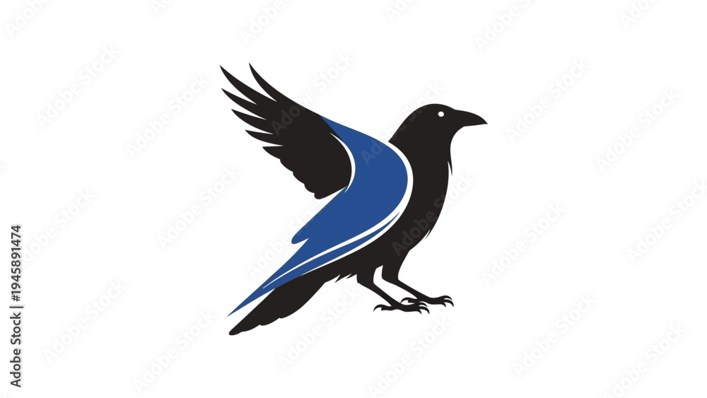 Obraz premium Black crow graphic with blue wing design on white background