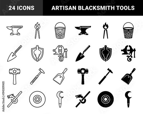 Black and white hybrid fantasy blacksmith tool symbols featuring mystical dragon hammer and organic floral vine vise forge equipment set