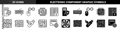 Computer Hardware and Network Security Icons Featuring Hybrid Designs of Shielded Servers Motherboards and Winged Flash Drives in Line and Solid Styles