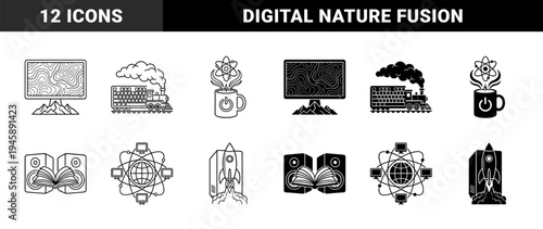 Black and white minimalist hybrid icons combining computer hardware with organic and mechanical elements featuring stylized tech and nature metaphors