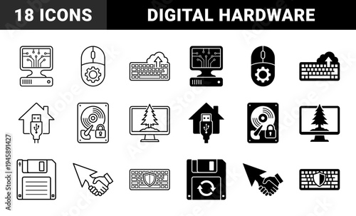 Black and white computer hardware and peripheral symbols merging digital technology with organic nature and home security concepts in a minimalist style