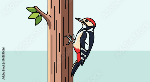 Cartoon woodpecker perched on a tree trunk against a clean background