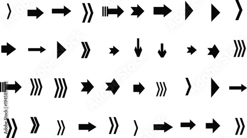 A diverse collection of black arrow symbols arranged in a grid pattern on a clean white surface