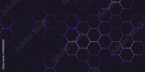 Dark hexagon abstract technology background with purple colored bright flashes under hexagon. Hexagonal gaming vector abstract tech background.