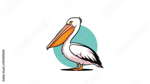 Cartoon pelican illustration against teal circle and white background